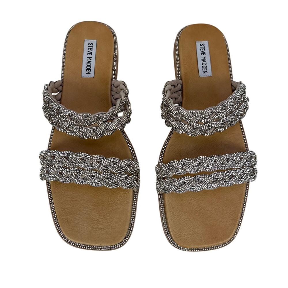 Steve Madden Varen Slide Sandals Womens 10 Shiny Sequined 2 Strap‎ Flat Open Toe